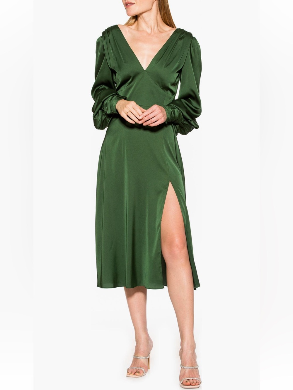 Alexia Admor Emerald Green Elysa Long Sleeve Satin Midi Dress with Side Slit - 2